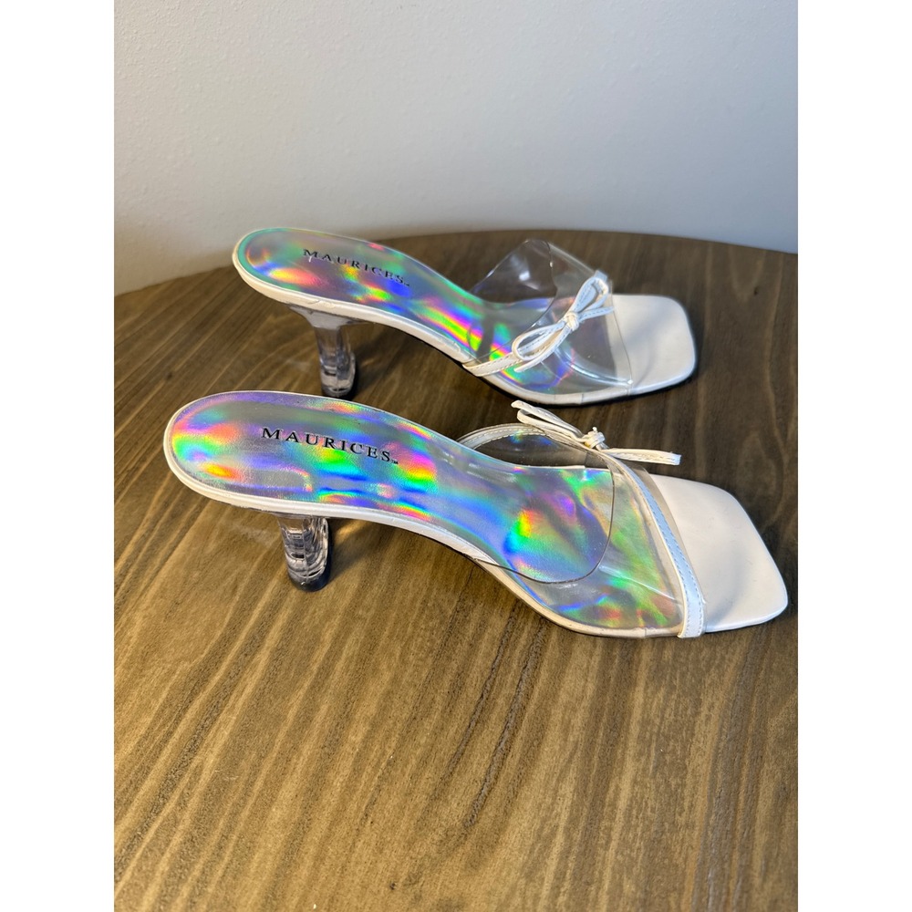 Maurices Kitten Heel Sandals Womens 7 White Holographic New Y2K Clear Bow